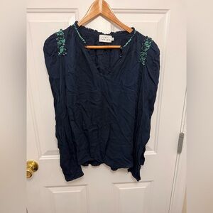 Tanya Taylor Jacqueline Long Sleeve Navy Top Size 2 Embroidered Office Casual